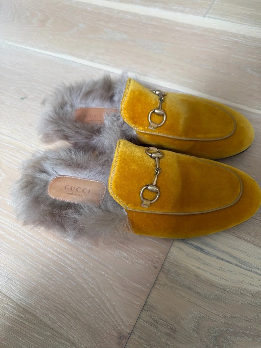 Gucci Mustard Yellow Velvet Horsebit Fur-Trim Mules